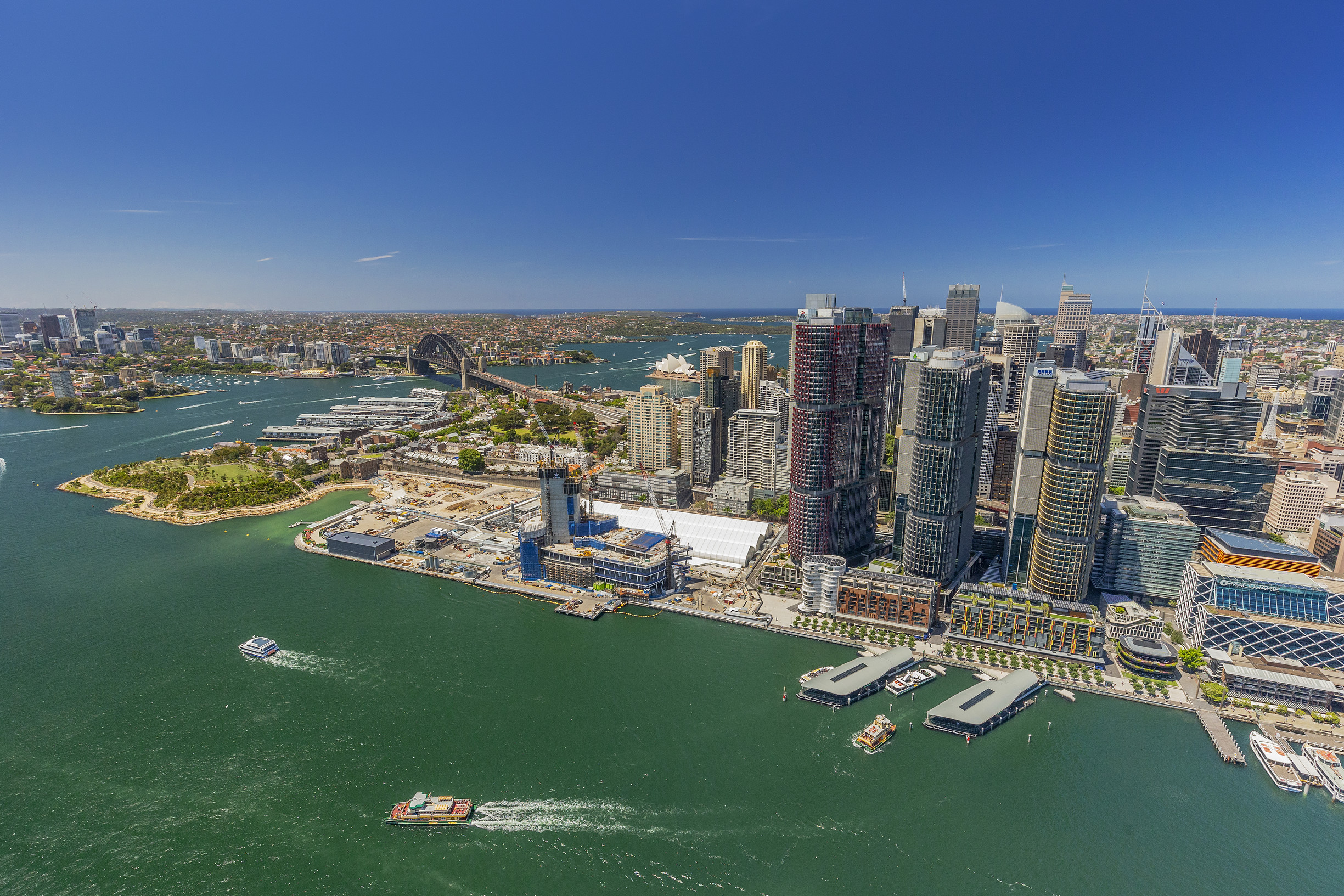 Aerial view of Barangaroo with Sydney Harbour in the backdrop