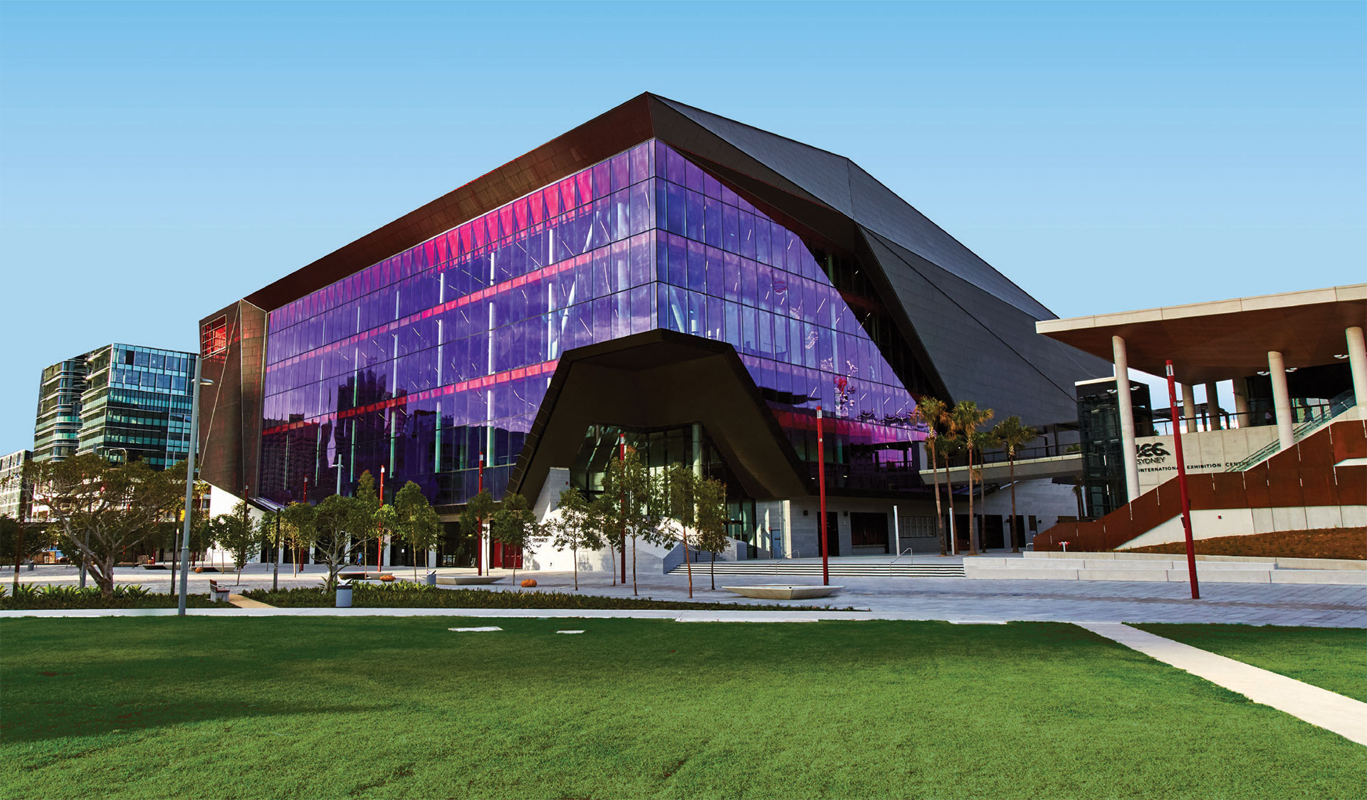 ICC Sydney Convention Centre viewed from the green public space area